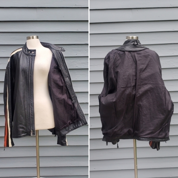 Vintage 90s y2k Black Orange White Arm Stripes Racer Racing Moto Grunge Jacket - Picture 4 of 6